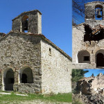 La chiesa di Santa Maria in Pantano di Colle di Montegallo, prima del terremoto, dopo il terremoto del 24 agosto 2016 e dopo il sisma del 30 ottobre 2016